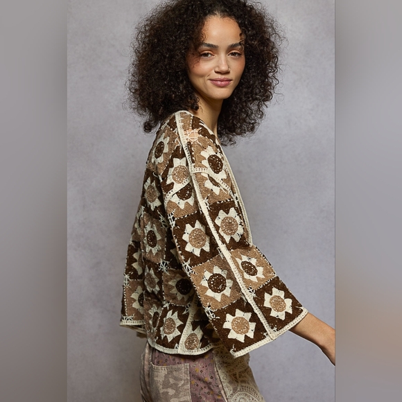 POL Floral Granny Square Crochet Cardigan Retro Boxy Open Front Sweater Openwork - Picture 4 of 16